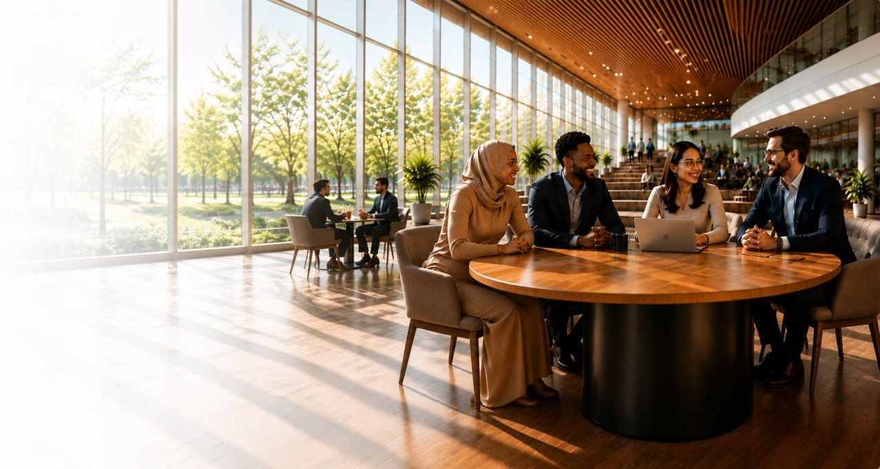 A diverse group of Builders collaborating in a bright modern atrium